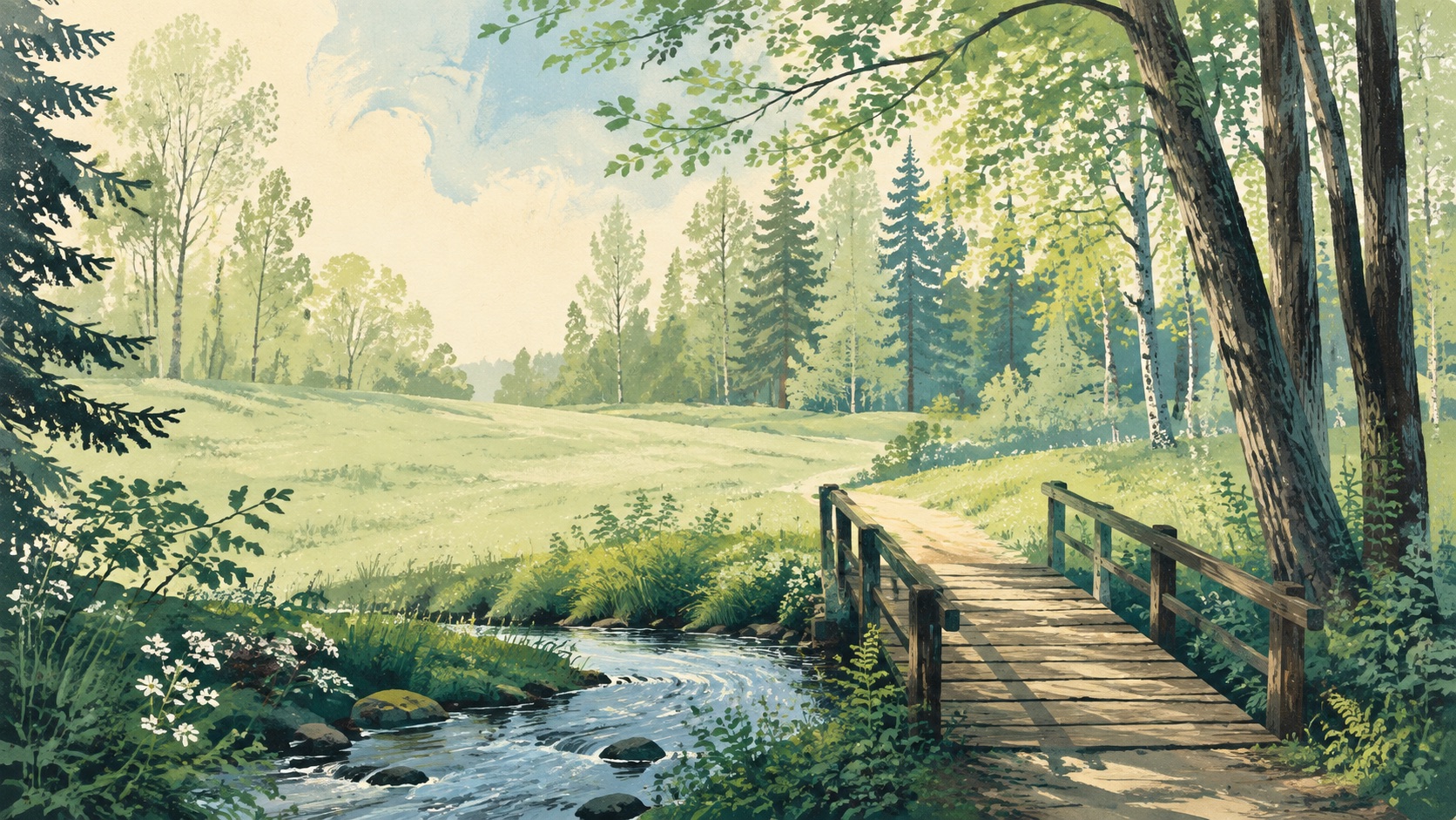 A quiet wooden bridge leading across calm waters toward focus