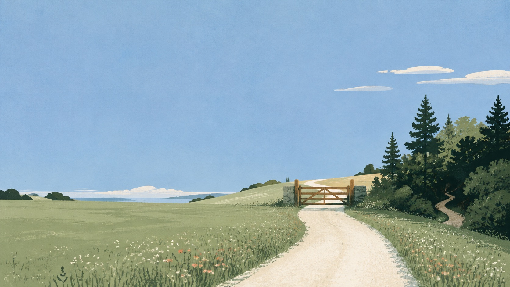 A clear path through an open field toward a simple wooden gate