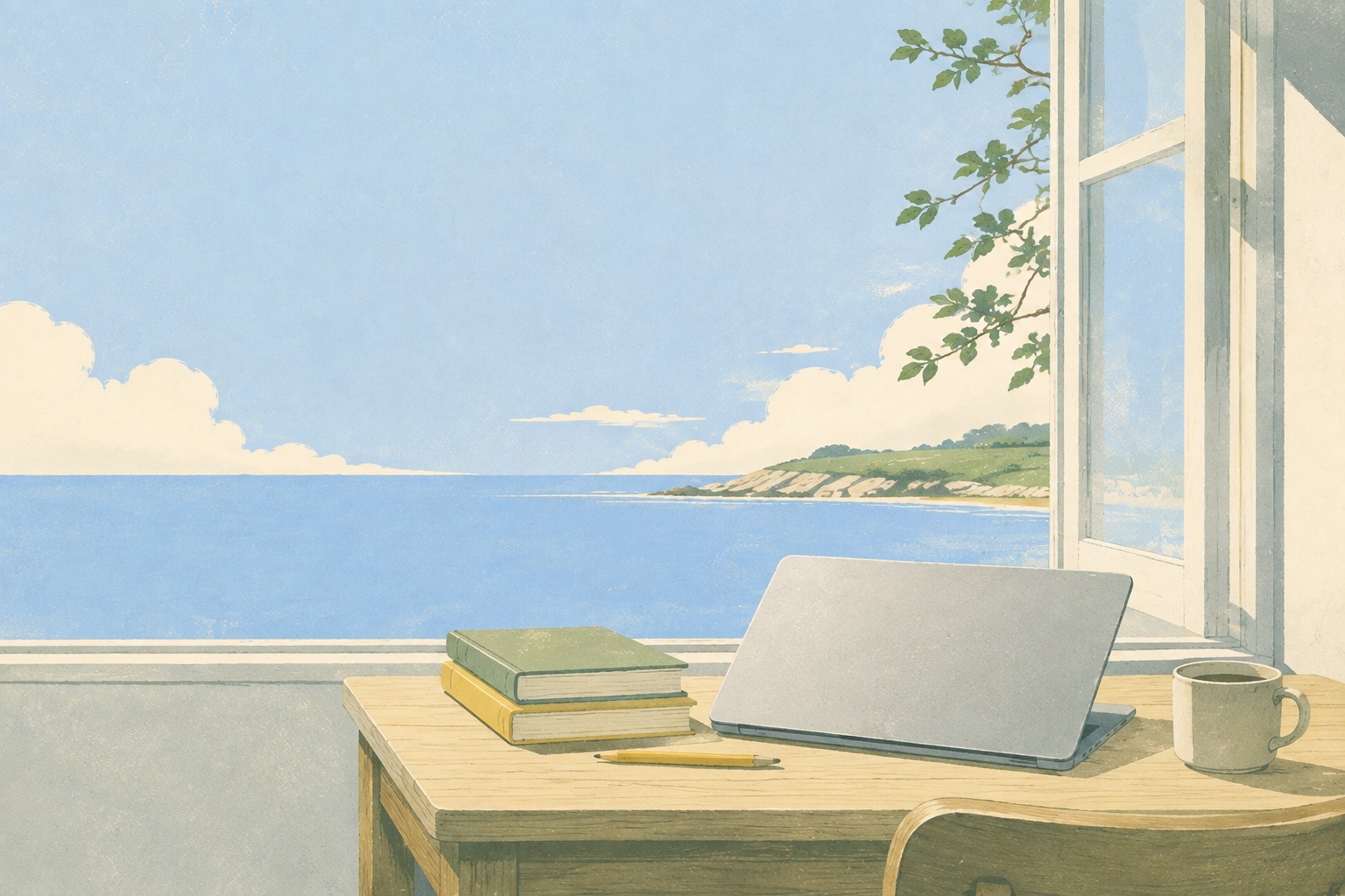 A quiet study desk beside an open window overlooking the sea