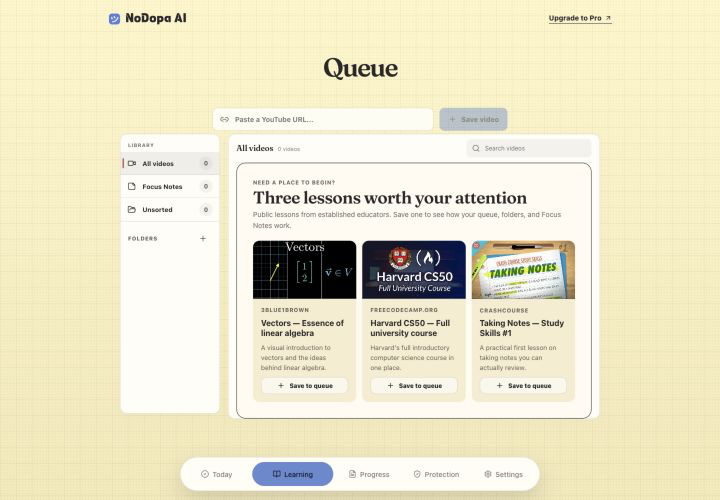 NoDopa Learning queue with three credible starter lessons