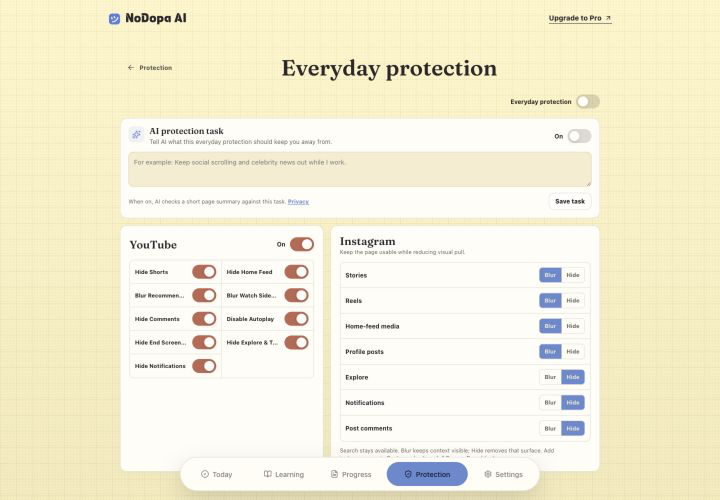 NoDopa protection controls for YouTube cleanup and other distracting surfaces